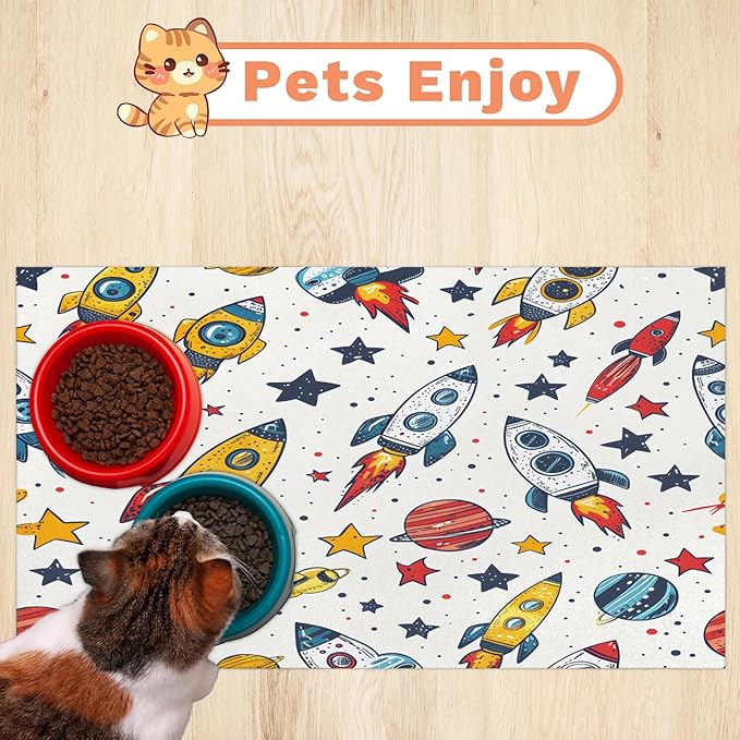Rocket Dog Food Mat for Floors Absorbent, Quick Dry Water Dispenser Mat for Food, Water, Pet Supplies 16" x 24", Outer Space