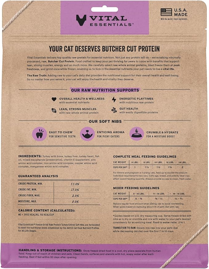 Vital Essentials Freeze Dried Cat Food, Raw Turkey Soft Nibs | Complete Meal or Topper | 99% Turkey, Organs & Bone | Limited Ingredient, High Protein, Grain Free Dry Cat Food | 12 oz Bag