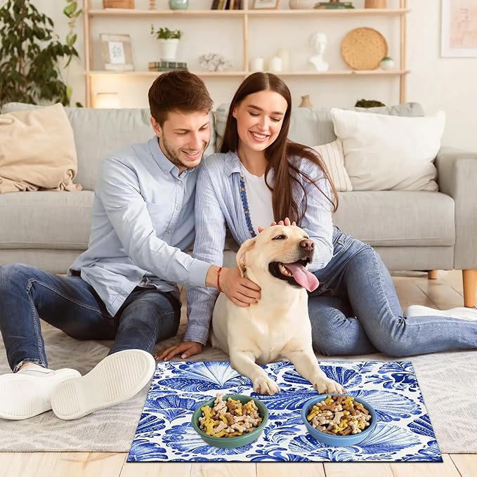 Tie Dye Dog Food Mat for Floors Absorbent Dog Bowl Mat for Food and Water Dispenser Quick Dry Cat Food Placemat Pet Supplies 24" x 32", Seashell Coastal