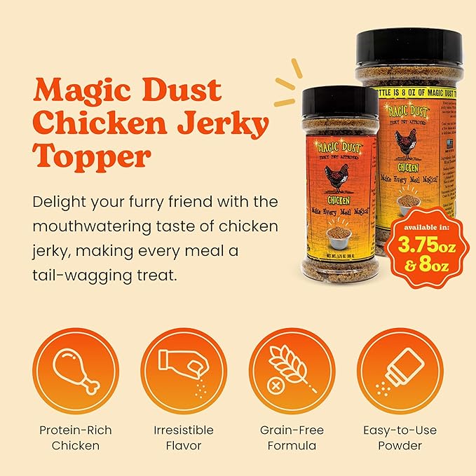 Wild Meadow Farms - Magic Dust Chicken Jerky Topper, Single Protein Pet Food Topper for Dogs & Cats, Enhance Flavor & Elevate Mealtime Excitement for Picky Eaters - 3.5 Ounce Bottle in Chicken Flavor