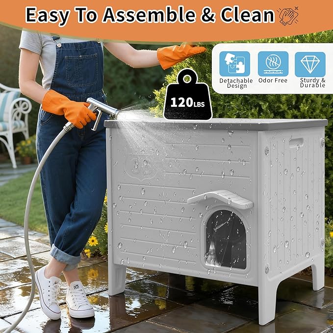 Rockever Waterproof Cat House for Outdoor Cats, Insulated Outdoor Cat House with Soft Mat, Elevated Feral Cat House Outdoor Indoor, Safe Escape Door, Spacious and Clean Easily(L,Grey with Mat)