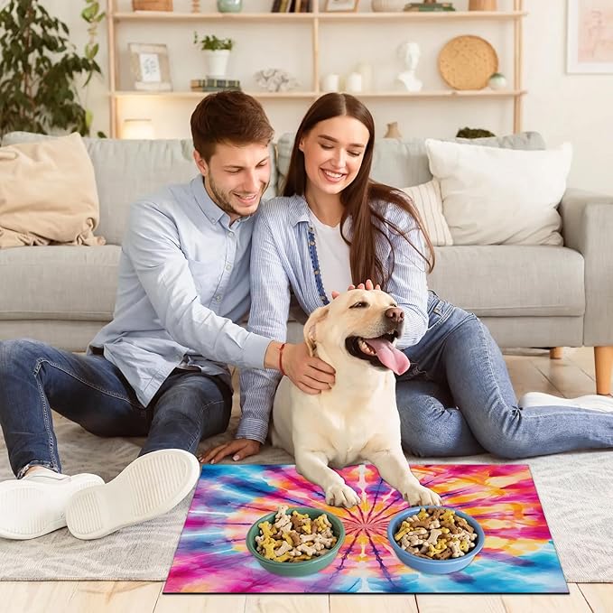 Tie Dye Dog Food Mat for Floors Absorbent, Quick Dry Water Dispenser Mat for Food, Water, Pet Supplies 12" x 20", Boho Colorful
