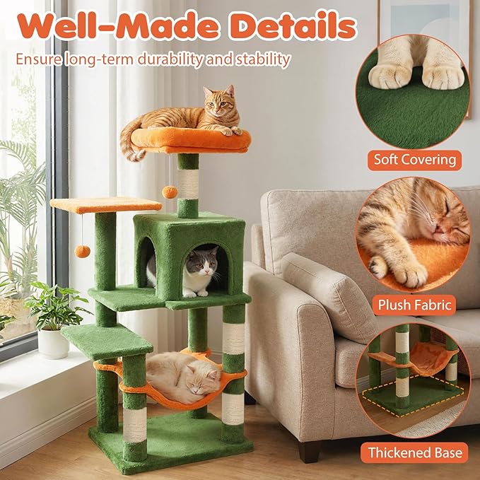 Tangkula Cat Tree Tower, 44 Inch Multi-Level Cat Tower with Sisal Scratching Posts, 2-Door Condo, Padded Top Perch & Hammock, 2 Hanging Balls, Jumping Platforms for Indoor Cats (Green & Orange)