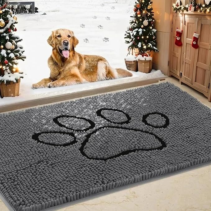 Dog Door Mat for Muddy Paws, Pet Rug Chenille Absorbent Outdoor Doormat 36"x 24", Non Slip Heavy Indoor Doormat Soft Front Inside Doormats for Entryway, Mud Paws, Patio,Dog Paw Black Grey
