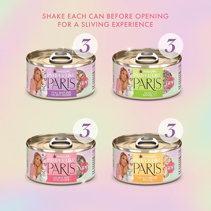 Weruva Paris Hilton Pamper Like Paris Natural Grain Free Wet Cat Food, Sliving for The Gravy Variety Pack, 2.47oz Can (Pack of 12)
