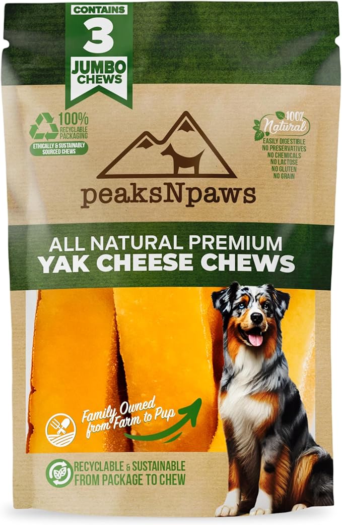 peaksNpaws Himalayan Dog Chew, Yak Cheese Dogs Treats, High Protein, Long Lasting Chews, Natural, Lactose Free Dogs Treat for Aggressive Chewers Over 80 lbs, 3 Jumbo Treats