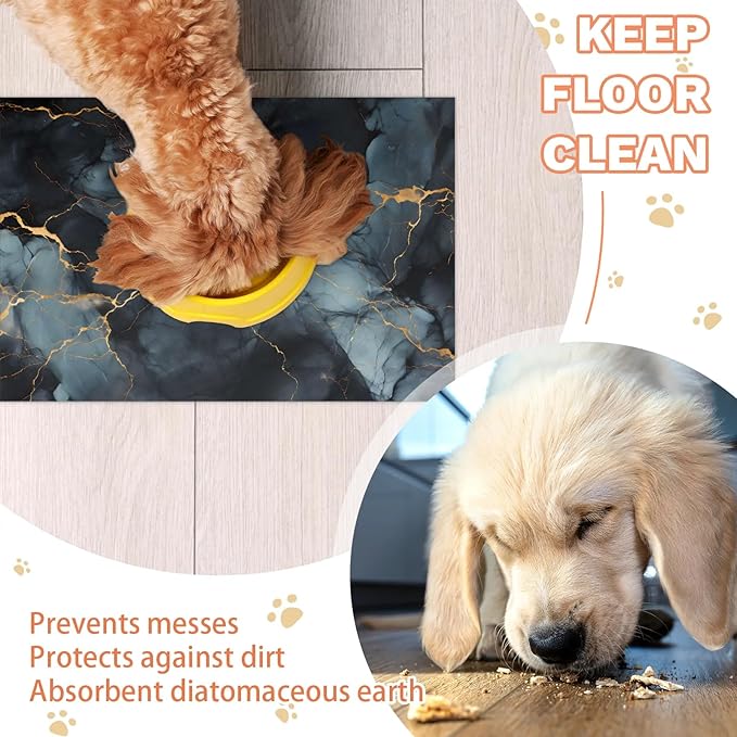 Black Marble Dog Food Mat for Floors Absorbent, Quick Dry Water Dispenser Mat for Food, Water, Pet Supplies 16" x 24", Abstract
