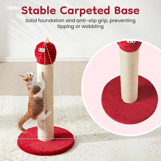 Cat Scratching Post for Small Space, 22'' Scratching Posts for Indoor Cats Adults, Extra Wide 13.4" Stable Base & Natural Sisal, Cute Cat Scratching Post with Short Plush Fabric for Large Cats, Red