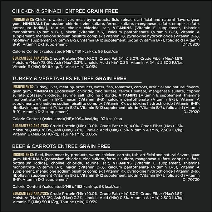 Purina Pro Plan Complete Essentials Chicken, Turkey and Beef Grain Free Wet Cat Food Variety - 3 oz. Cans, (Pack of 48)