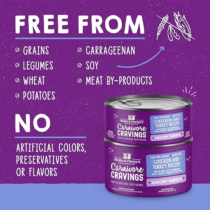Stella & Chewy's Carnivore Cravings Savory Shreds - Wet Cat Food - High-Moisture Formula with Premium Cage-Free Chicken & Turkey - Perfect for Picky Eaters - 2.8 oz, 24 Count