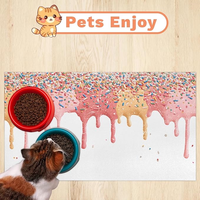 Ice Cream Dog Food Mat for Floors Absorbent Dog Bowl Mat for Food and Water Dispenser Quick Dry Cat Food Placemat Pet Supplies 16" x 24", Sweet Food