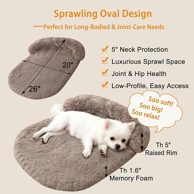 Calming Dog & Cat Beds for Small Medium Dogs Cats, Anti-Anxiety Plush Pets Lounge Couch Sofa Orthopedic Cushion, Soft Fluffy Faux Fur Washable, Fits up to 25 lbs Pets (Oval, Brown 26"x20")