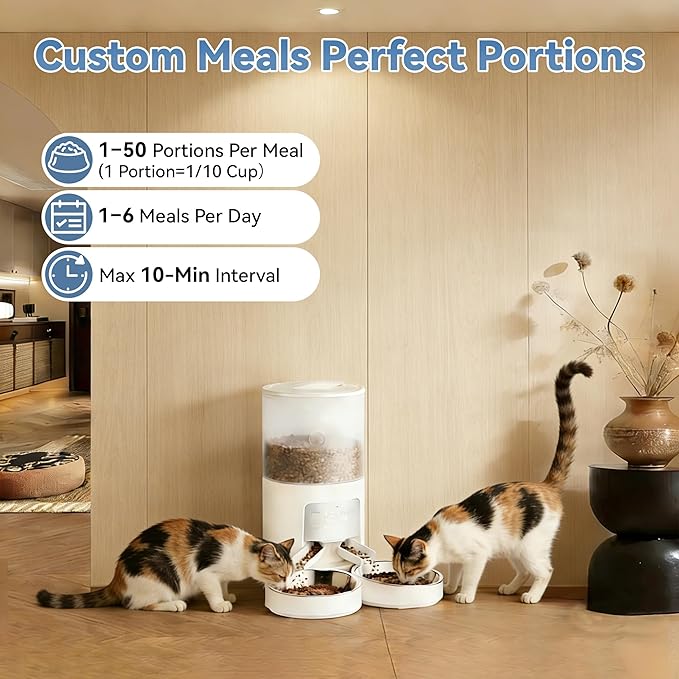 DUMOS Automatic Cat Feeder for 2 Cats, 6L Timed Cat Food Dispenser with 2 Stainless Bowls, 10s Voice Recorder, Dual Power Supply, 6 Meals 50 Portions Per Day, Dual Pet Feeder for Cat and Dog, White