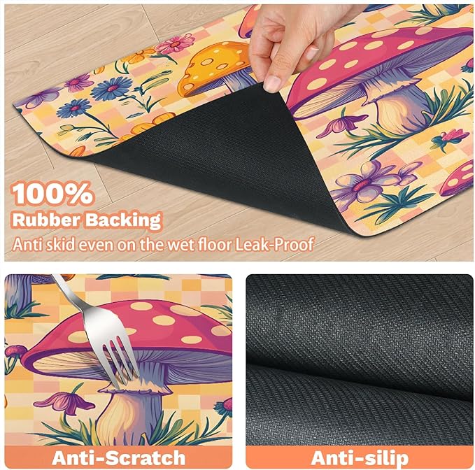 Boho Mushroom Dog Food Mat for Floors Absorbent Dog Bowl Mat for Food and Water Dispenser Quick Dry Cat Food Placemat Pet Supplies 16" x 24", Floral