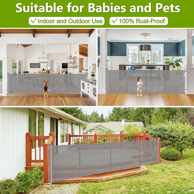 Reinforced 42" Tall Retractable Dog Gate Mesh Baby Fence Gate, 16 Ft Long Baby Gates Indoor Extra Long Gates for Kids or Pets, Outdoor Retractable Gate with Support Rods - Prevent Crawling Under, Gray