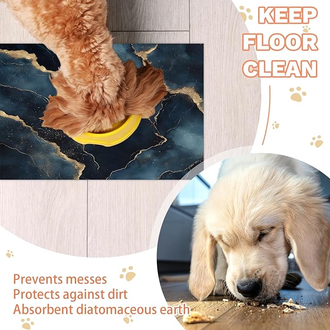 Black Marble Dog Food Mat for Floors Absorbent, Quick Dry Water Dispenser Mat for Food, Water, Pet Supplies 12" x 20", Marble