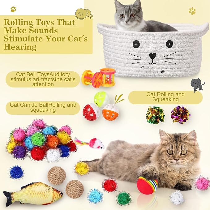 Zopeal 58 Pcs Easter Cat Storage Basket Gift Toys Set, Colorful Flashing Balls Pet Bell Crinkle Balls Spring Toys Attract Cat to Swat, Hunt, Interactive for Pet(White,9.8 Inch)