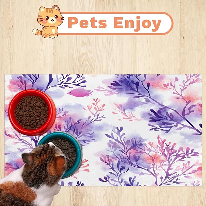Coastal Dog Food Mat for Floors Absorbent Dog Bowl Mat for Food and Water Dispenser Quick Dry Cat Food Placemat Pet Supplies 16" x 24", Watercolor Coral