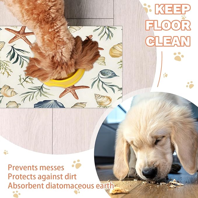 Starfish Seashell Dog Food Mat for Floors Absorbent Dog Bowl Mat for Food and Water Dispenser Quick Dry Cat Food Placemat Pet Supplies 12" x 20", Colorful Corals