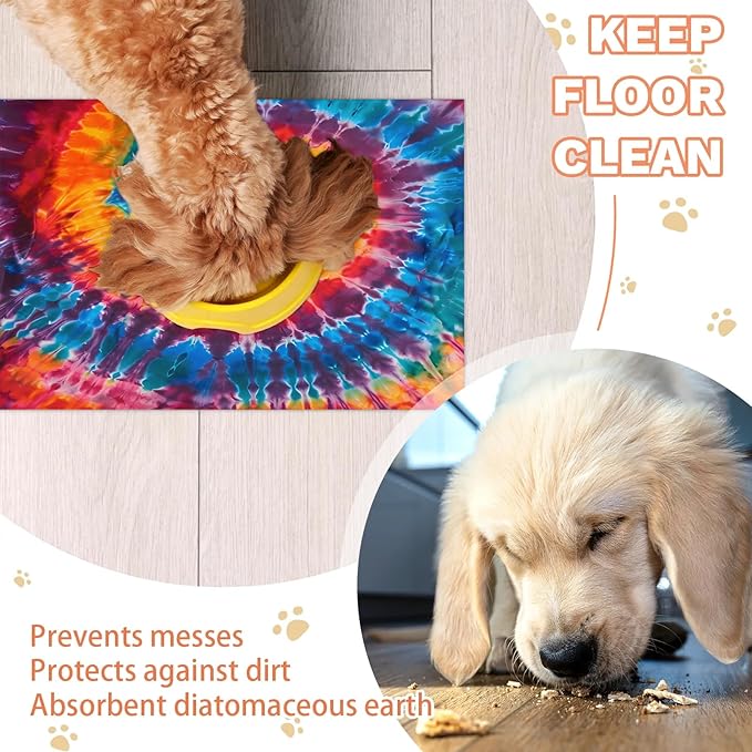 Colorful Tie dye Dog Food Mat for Floors Absorbent, Quick Dry Water Dispenser Mat for Food, Water, Pet Supplies 12" x 20", Abstract Rainbow