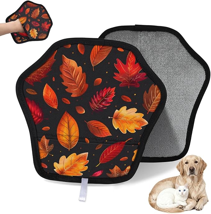 Fall Leaves Theme Electrostatic Pet Hair Removal Glove for Cats & Dogs - Reusable Grooming Mitt for Couch, Carpet, Car Seat & Laundry - Large 9x9 Inch