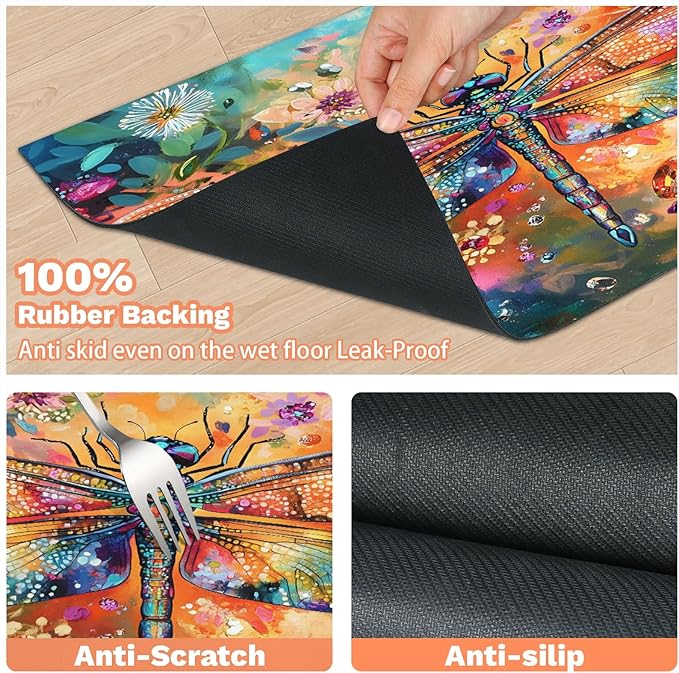 Dragonfly Dog Food Mat for Floors Absorbent, Quick Dry Water Dispenser Mat for Food, Water, Pet Supplies 12" x 20", Flower
