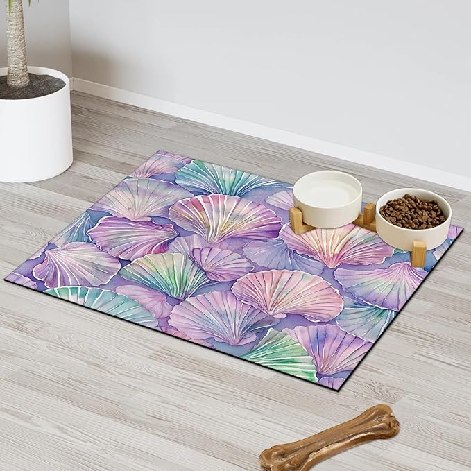 Watercolor Shell Dog Food Mat for Floors Absorbent Dog Bowl Mat for Food and Water Dispenser Quick Dry Cat Food Placemat Pet Supplies 12" x 20", Coastal Seashell