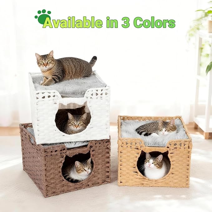 Handwoven Rattan Cat Cave w/Two Cushions, Cat Beds Indoor Kitten House, Waterproof & Foldable Pet Cube Bed, White, 16.5”L x 16.5”W x 12.6”H
