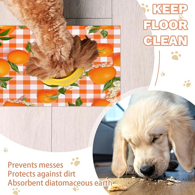 Orange Fruit Dog Food Mat for Floors Absorbent Dog Bowl Mat for Food and Water Dispenser Quick Dry Cat Food Placemat Pet Supplies 24" x 32", Buffalo Check