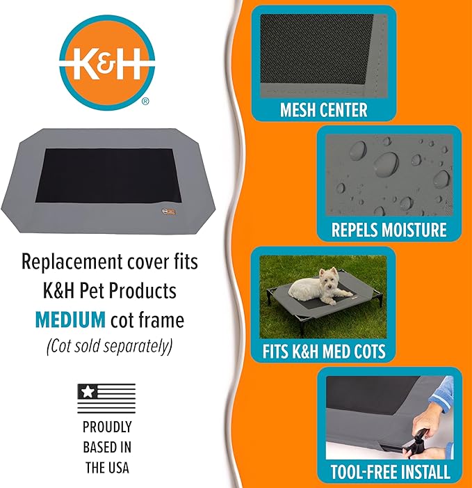 K&H Pet Products Dog Cot Replacement Cover, Designed to fit K&H Medium Pet Cots (Sold Separately), Indoor Outdoor, Breathable Cooling Mesh Center, Machine Washable - Medium 32 X 25in Gray