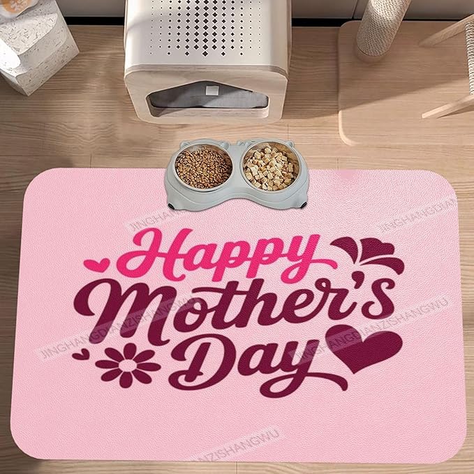 Pet Feeding Mat Happy Mother's Day Floral Gift Mom FA Dog Food Mat for Food Water No Stains Quick Dry Dispenser Cat Bowl Mats for Messy Drinkers 24x16In