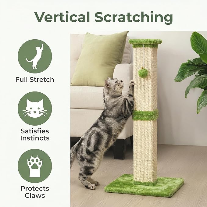 Tall Cat Scratching Post, 32'' Heavy Duty and Thick Scratching Post, Scratching Post for Adult Cats, Thick Sisal Rope with Hanging Ball, Green