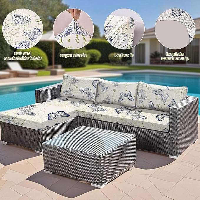 HANDONTIME8Pcs Outdoor Cushion Covers Waterproof Patio Cushion Covers Vintage Stretch Outdoor Couch Cover Replacement Patio Furniture Cover for Pets Sofa Cover Washable (Butterfly,Cover Only)