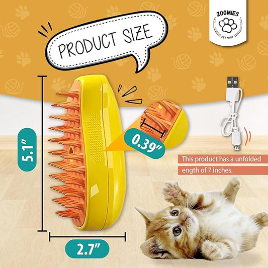 ZOOMIES-Cat Steam Brush-Ultimate 3-in-1 Pet Care Solution: Steamy Cat & Dog Grooming Brush - Say Goodbye to Shedding and Tangled Hair with our Steam-Powered Steamer Brush, Yellow