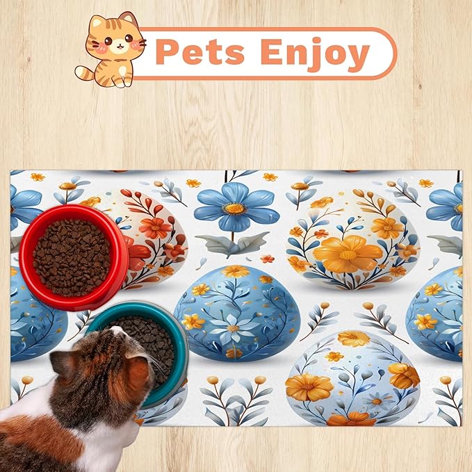 Floral Eggs Dog Food Mat for Floors Absorbent Dog Bowl Mat for Food and Water Dispenser Quick Dry Cat Food Placemat Pet Supplies 16" x 24", Happy Easter