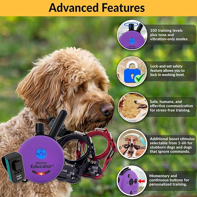 Educator ME-302 DMBC Micro E-Collar Two Dog Training Collar with Remote 100 Levels Safe Selectable Stimulation Night Light Waterproof Finger Clicker Rechargeable 1/3 Mile range for Small & Medium Dogs