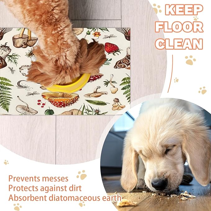 Cute Mushroom Dog Food Mat for Floors Absorbent Dog Bowl Mat for Food and Water Dispenser Quick Dry Cat Food Placemat Pet Supplies 17" x 30", Fall Plant