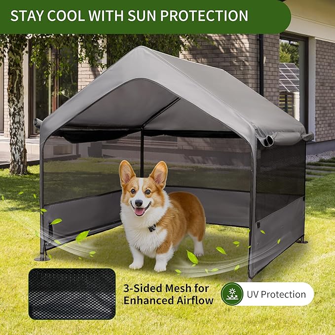 Summertrail Dog House Outside, Dog Tent Outdoor, Dog Shade Shelter Doghouse Canopy with Three-Sided Breathable Mesh Windows, Gray Sun Rain Cover for Pet Cat Livestock（Medium Size）