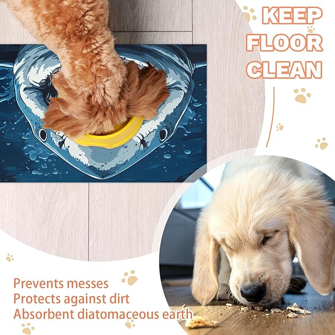 Cool Shark Dog Food Mat for Floors Absorbent Dog Bowl Mat for Food and Water Dispenser Quick Dry Cat Food Placemat Pet Supplies 17" x 30", Ocean Fish