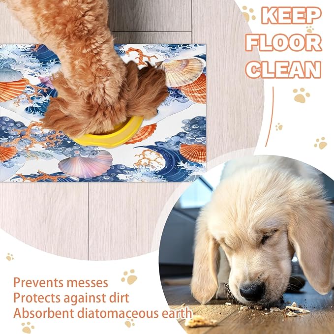 Nautical Coastal Dog Food Mat for Floors Absorbent Dog Bowl Mat for Food and Water Dispenser Quick Dry Cat Food Placemat Pet Supplies 17" x 30", Colorful Seashell