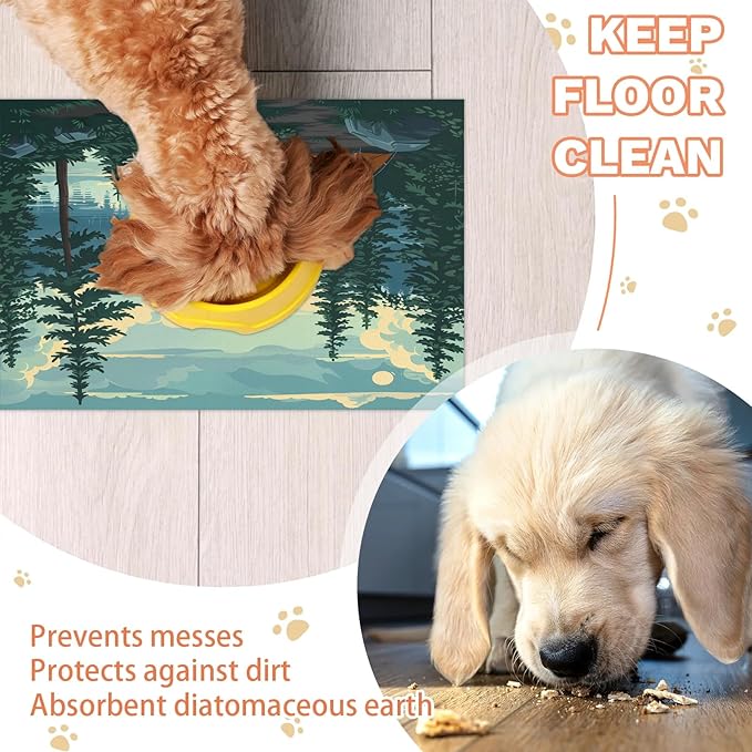 Mountain River Dog Food Mat for Floors Absorbent, Quick Dry Water Dispenser Mat for Food, Water, Pet Supplies 16" x 24", Nature Scenery