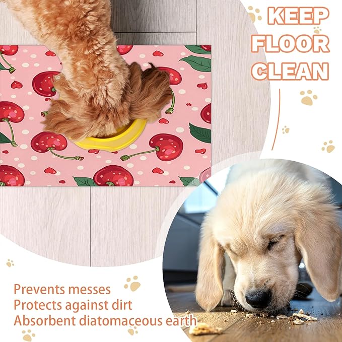 Pink Cherry Dog Food Mat for Floors Absorbent Dog Bowl Mat for Food and Water Dispenser Quick Dry Cat Food Placemat Pet Supplies 17" x 30", Cute Fruit