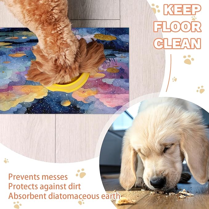 Lotus Leaf Dog Food Mat for Floors Absorbent, Quick Dry Water Dispenser Mat for Food, Water, Pet Supplies 16" x 24", Cloud Moon