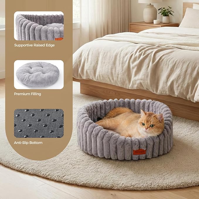 Avont Fluffy Cat Bed for Indoor Cats, Cozy Plush Sleeping Nest for All Sleep Styles, Washable Removable Cushion & Anti-Slip Base, Calming Round Bed for Kittens & Small Dogs – Grey(S)