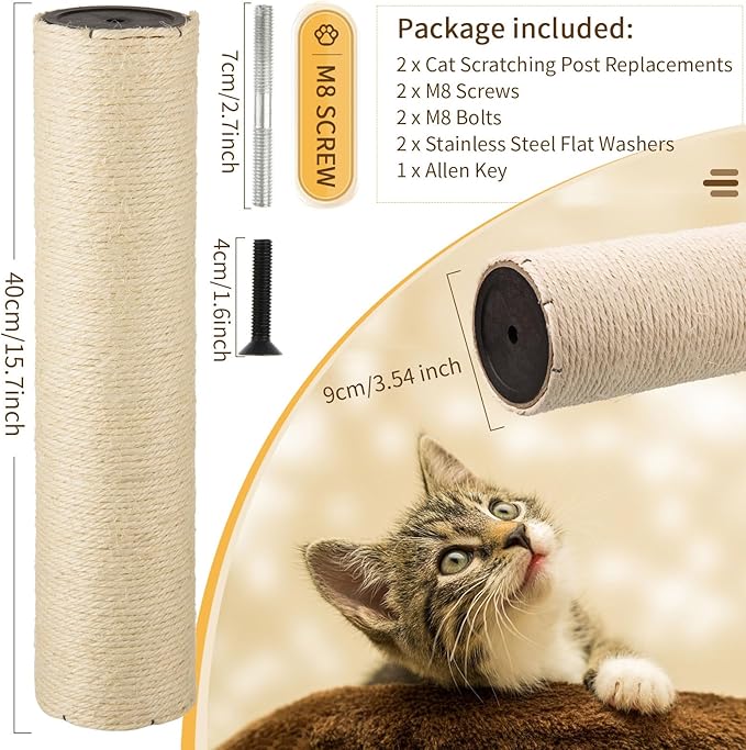 2 Root Cat Scratching Post Replacement 15.75x3.54 Cat Tree Scratch Post Replacement Natural Sisal Pole Cat Scratch Post Refill Pole Part with M8 Screws for Kitten Tree Tower Cat Furniture Accessories