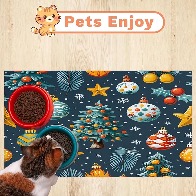 Merry Christmas Dog Food Mat for Floors Absorbent, Quick Dry Water Dispenser Mat for Food, Water, Pet Supplies 24" x 32", Ball Tree