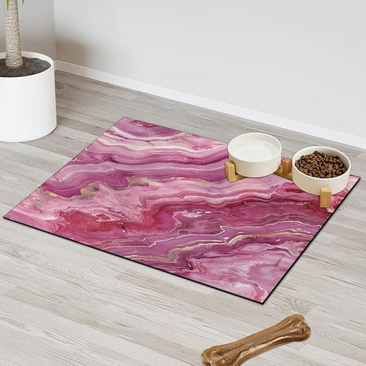 Pink Marble Dog Food Mat for Floors Absorbent, Quick Dry Water Dispenser Mat for Food, Water, Pet Supplies 17" x 30", Abstract