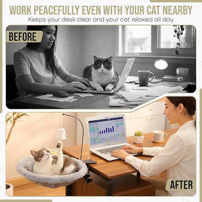 Cat Desk Bed for Home Office – Plush Clamp-On Cat Hammock with Hanging Feather and Ball Toy, Non-Slip Heavy-Duty Mount, Space-Saving Desk Mounted Cat Bed for Remote Workers Supports 40 lbs