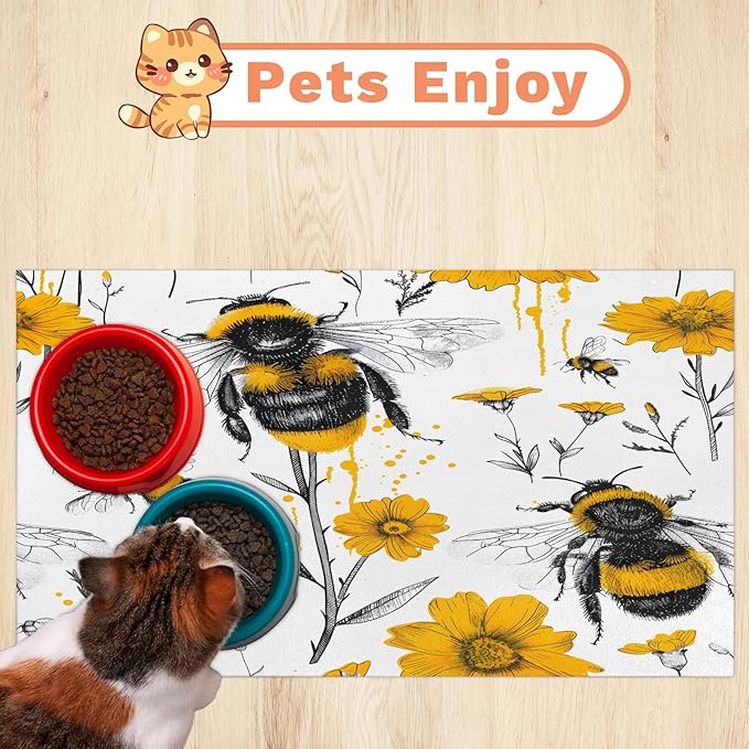 Boho Bee Dog Food Mat for Floors Absorbent, Quick Dry Water Dispenser Mat for Food, Water, Pet Supplies 12" x 20", Yellow Flower