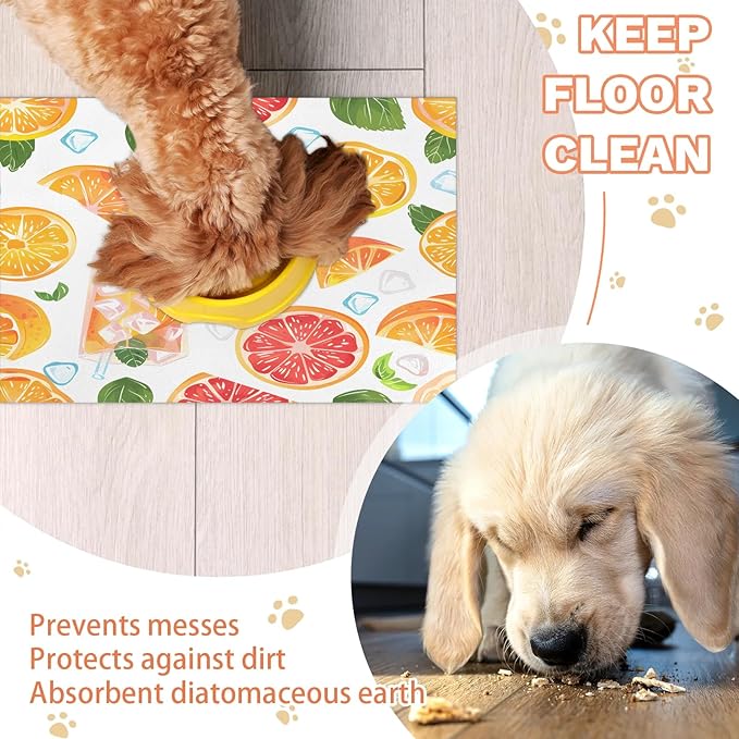 Orange Dog Food Mat for Floors Absorbent Dog Bowl Mat for Food and Water Dispenser Quick Dry Cat Food Placemat Pet Supplies 12" x 20", Summer Drink